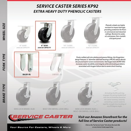 Service Caster 8 Inch Extra Heavy Duty Phenolic Wheel Caster Swivel 2 Rigid SCC, 4PK SCC-KP92S830-PHR-2-R-2